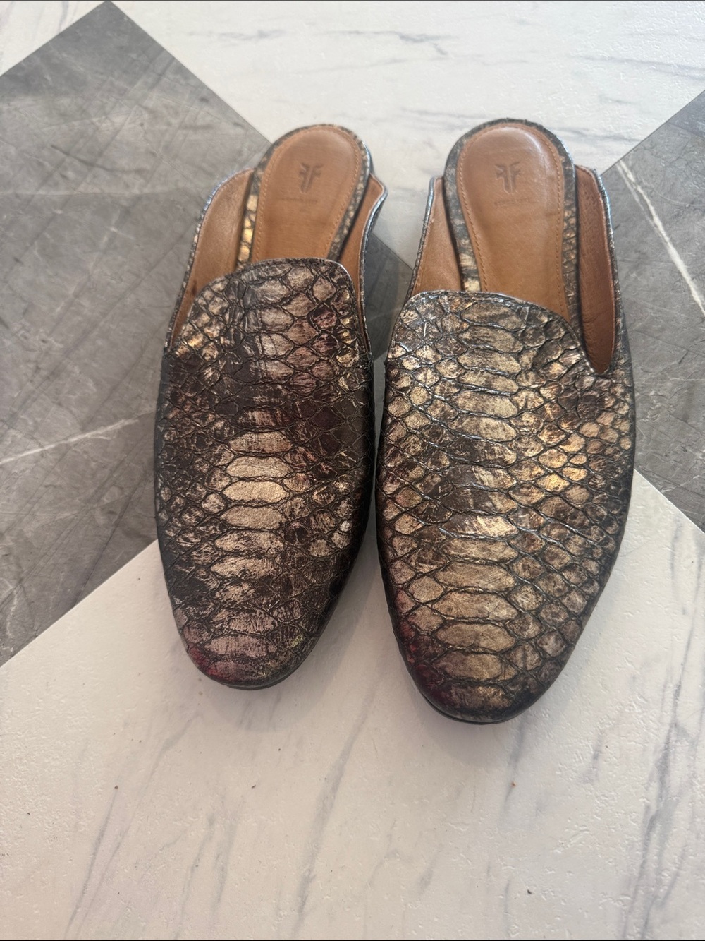 Frye Metallic Bronze Snake-Print Slip-On Loafers